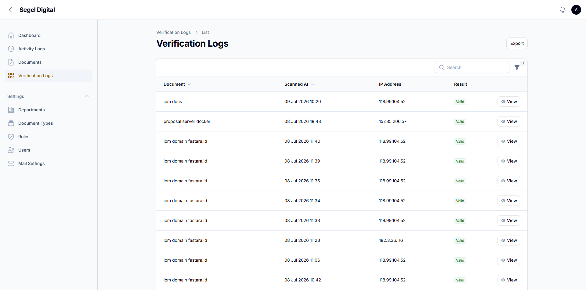 Halaman log verifikasi dokumen Verista mencatat hasil setiap pemindaian QR